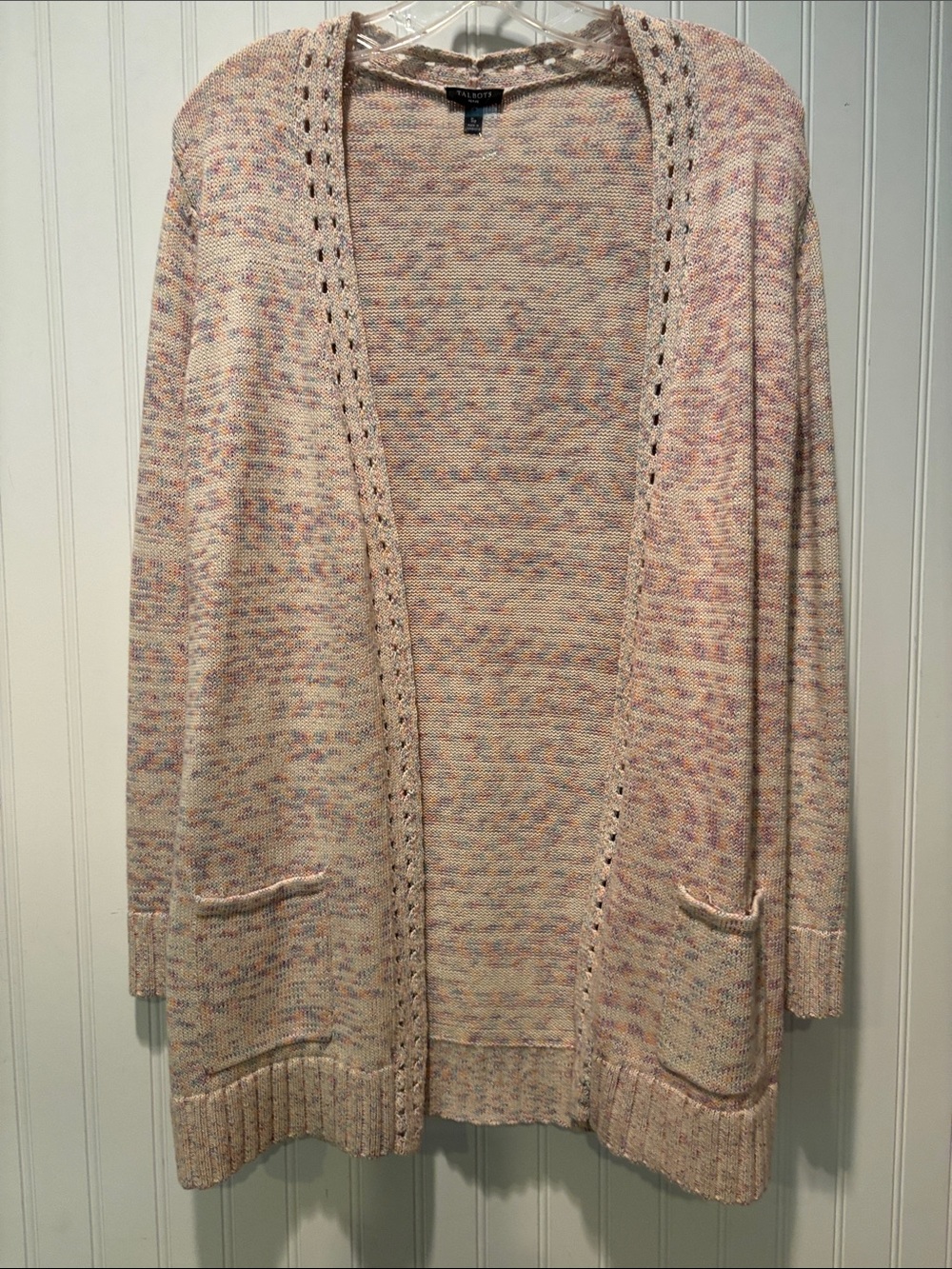 Talbots Pointelle Trim Lightweight Multicolor Speckled Pastel Knit Sz S Petite